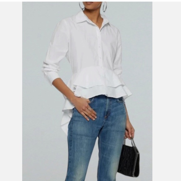 Walter Baker White Preppy Coquette Collared Hi Low Ruffled Peplum Blouse Size L - Picture 1 of 13